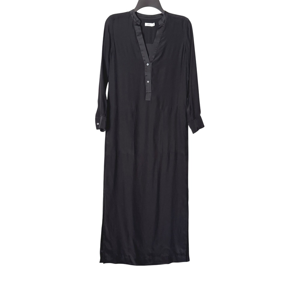 Vince Women 0 Maxi Dress Long Sleeve Button V-Neck Black Silk Minimalist